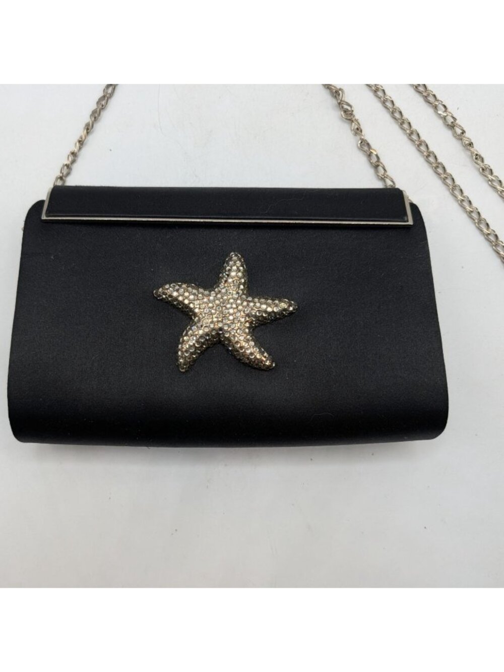 Eliza Gray Starfish Crystal Embellished Black Satin Evening Bag W Silver Chain - Picture 13 of 15